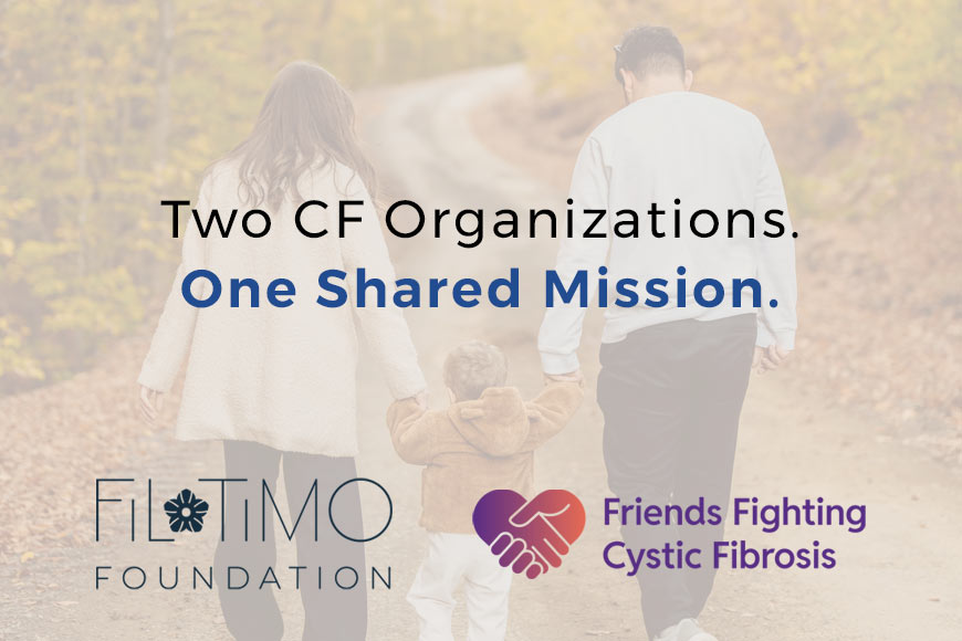 Graphic showing dark blue Filotimo logo and Friends Fighting Cystic Fibrosis logo with black and navy blue sans-serif type over photo of family walking on a fall day