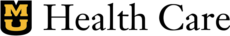 Missouri University Healthcare Logo - Black serif type with gold and black MU shield to left