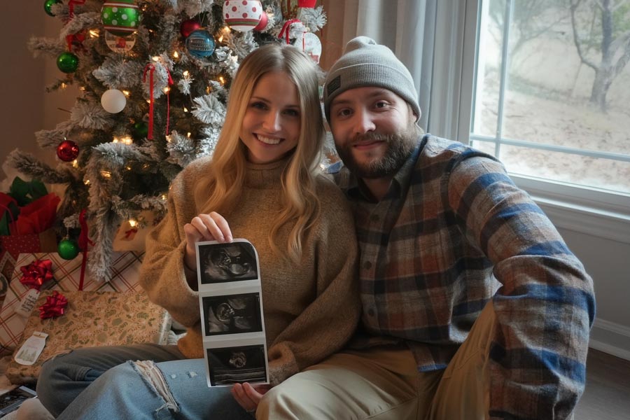 Photo of Ashley and Jeff Thumas holding sonograms of their baby
