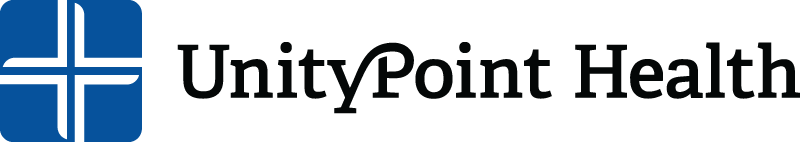 Unity Point Health Logo - Black serif type with blue stylized medical cross to left