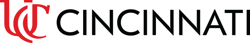 University of Cincinnati Logo - Black sans-serif type with red stylized UC to left
