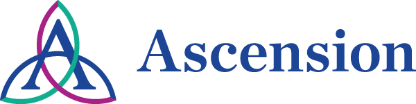 Ascension Logo - Blue serif type with stylized letter A in blue, turquoise, and mulberry to left