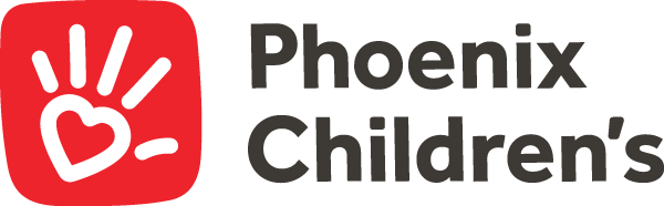Phoenix Childrens Logo - Dark gray sans-serif type with red square and white handprint inside to left