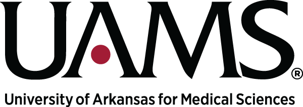 University of Arkansas for Medical Sciences Logo - Black serif type with mulberry dot in letter A and black sans-serif type below