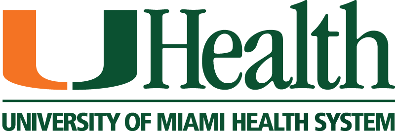 University of Miami Health System Logo- Dark green serif type with orange and green U icon to left and dark green sans-serif type below