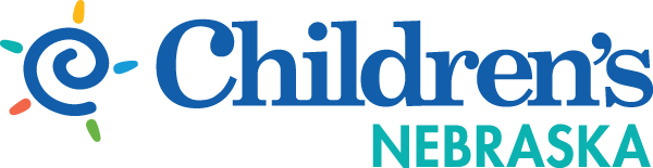 Childrens Nebraska Logo - Blue serif type and turquoise sans-serif type with pinwheel icon to left