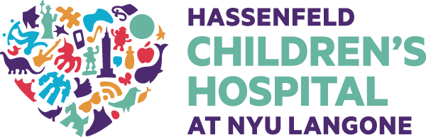 Hassenfeld Childrens Hospital at NYU Langone Logo - Dark purple and turquoise sans-serif type with heart shaped collage of miscellaneous icons