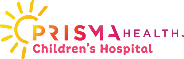 Prisma Health Childrens Hospital Logo - Orange-pink gradient sans-serif type with yellow sun icon in upper left