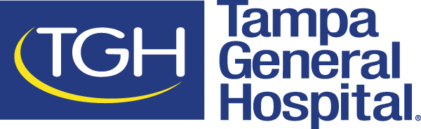 Tampa General Hospital Logo - Dark blue sans-serif type with white TGH and yellow swoosh inside blue rectangle to left