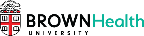 Brown University Health Logo - Black and turquoise sans-serif type with black and red shield to left