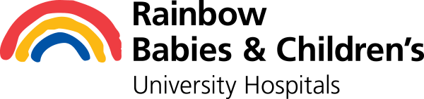 Rainbow Babies and Childrens Hospital Logo - Black sans-serif type with hand-drawn red, yellow, and blue rainbow to left