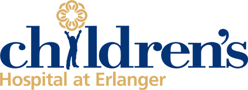 Childrens Hospital at Erlanger Logo - Dark blue serif type and tan sans-serif type with icon of child playing with a ball as the letter i