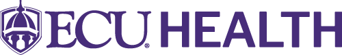 ECU Health Logo - Dark purple serif and sans-serif type with shield and steeple icon to left