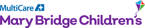 Mary Bridge Childrens Logo - Purple sans-serif type with kite icon to right and blue MultiCare logo above to left