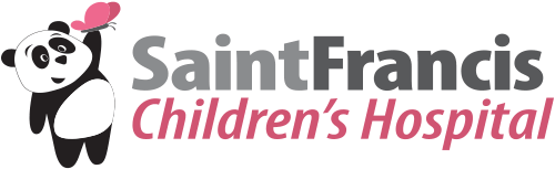 Saint Francis Childrens Hospital Logo - Gray and salmon sans-serif type with illustration of a panda bear holding a salmon colored butterfly