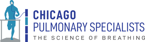 Chicago Pulmonary Specialists Logo - Dark blue sans-serif type with icon of person running on a treadmill