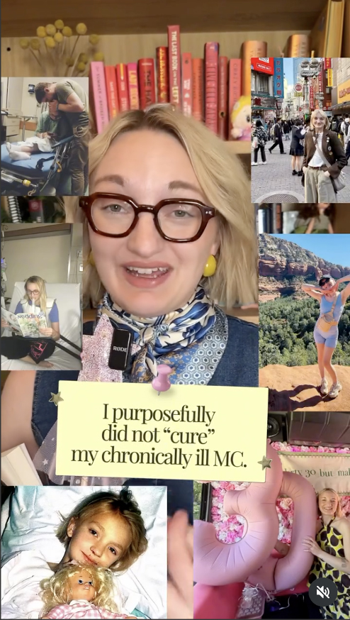 Collage featuring a woman wearing glasses, surrounded by photos from different stages of her life, with text reading “I purposefully did not ‘cure’ my chronically ill MC.”