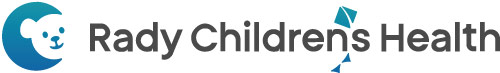 Rady Children's Health Logo - Dark gray sans-serif type with turquoise kite as apostrophe in Children's and bear icon to left
